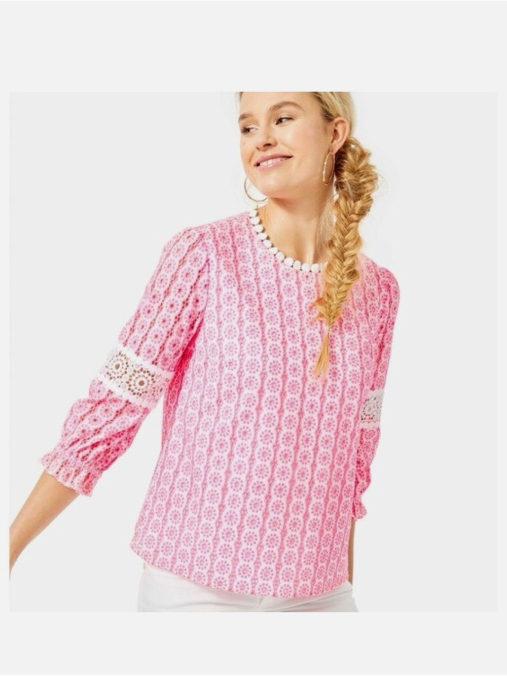 Lilly Pulitzer Sz 10 Jourdana Top, bright pink eyelet fabric crochet lace
